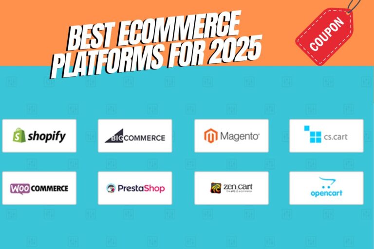 Futuristic eCommerce setup for 2025 featuring a laptop with holographic interfaces displaying online store platforms like Shopify, WooCommerce, and BigCommerce.